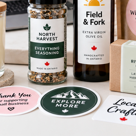 Custom product labels on a seasoning jar and an olive oil bottle, with round and square labels on the counter