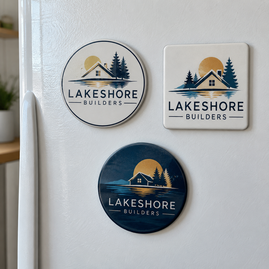 Round and square Lakeshore Builders magnets on a white fridge door.