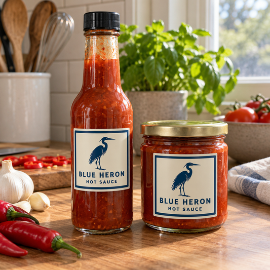 Blue Heron Hot Sauce labels on a glass sauce bottle and a jar. - custom square labels