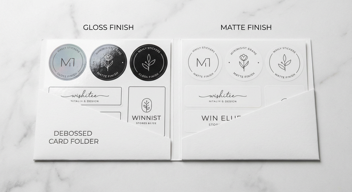 Custom sticker sample pack for Ontario businesses showcasing vinyl finishes and sizes