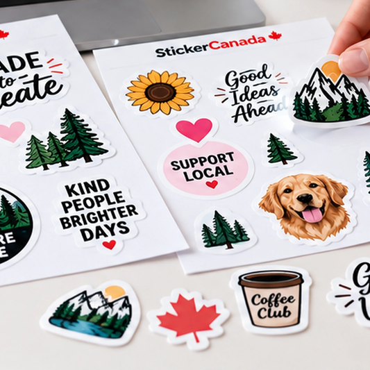Two custom sticker sheets on a desk with one sticker being peeled off, plus loose die-cut stickers