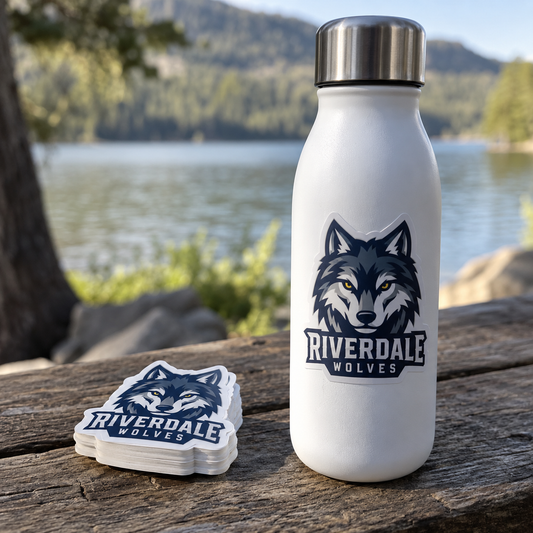 Riverdale Wolves stickers stacked beside a water bottle with the same wolf logo. - custom team logo stickers