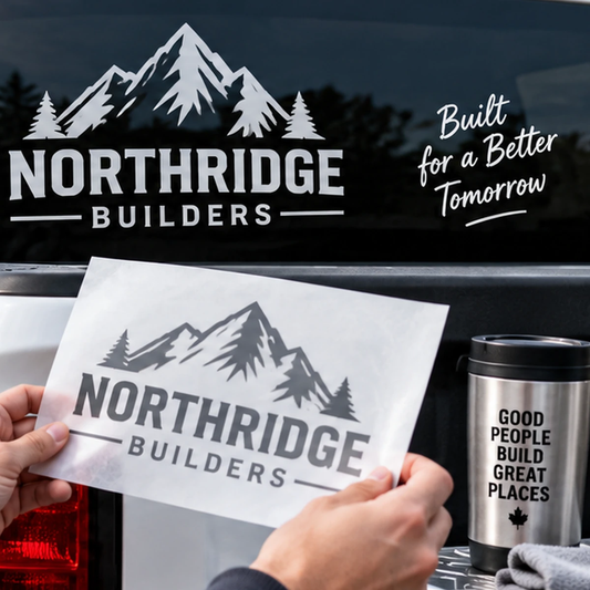 White custom business decal on a pickup truck rear window, with the matching decal on its transfer sheet held in front