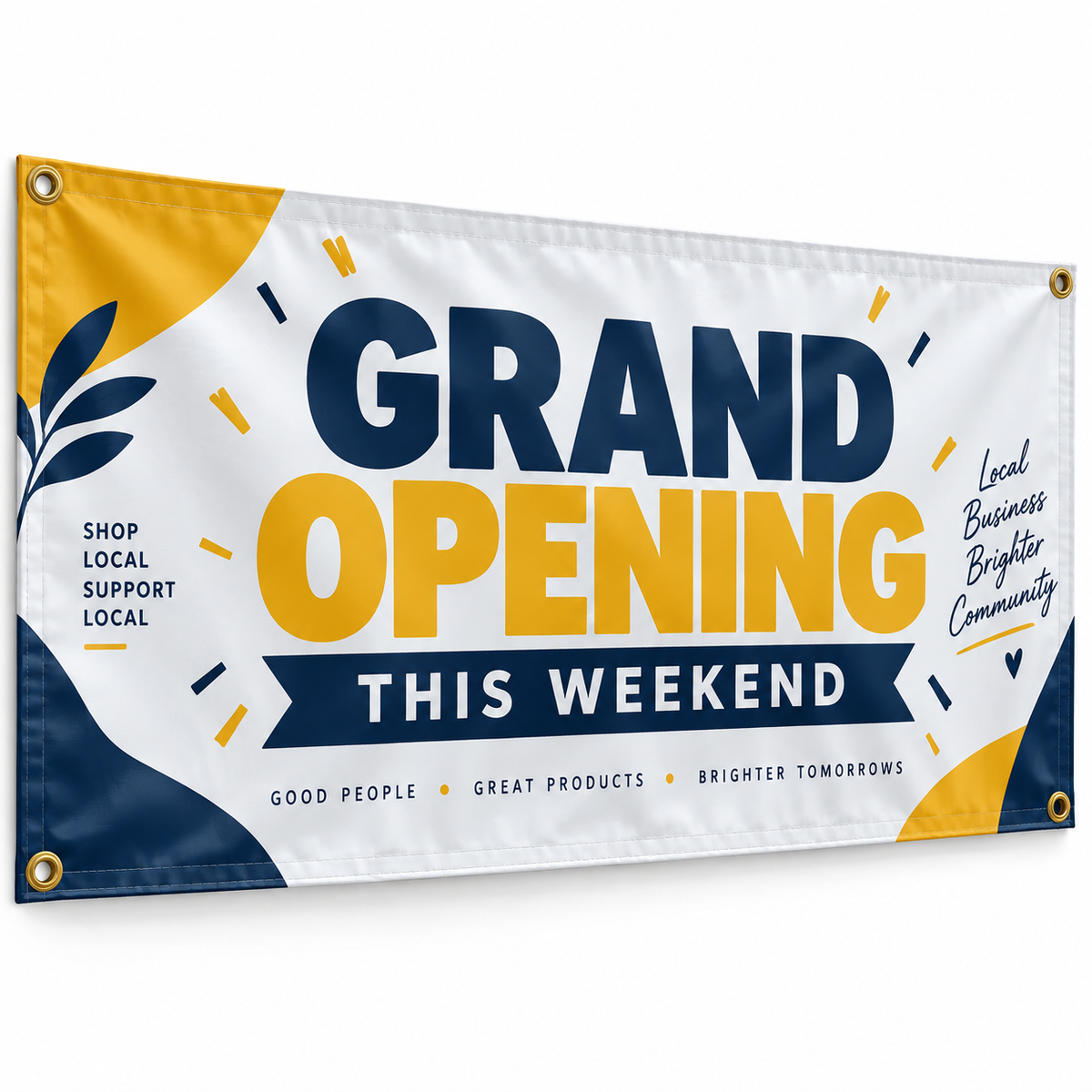 Navy and yellow Grand Opening banner shown against a white background.