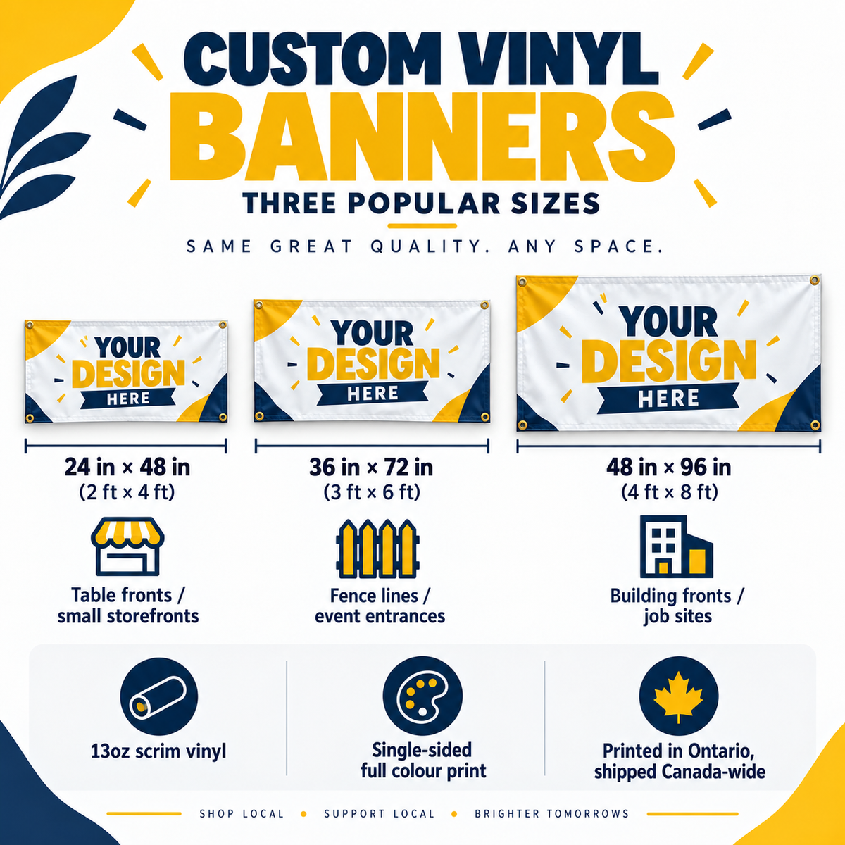 Custom vinyl banner size-guide artwork showing 24 by 48, 36 by 72 and 48 by 96 inch options.