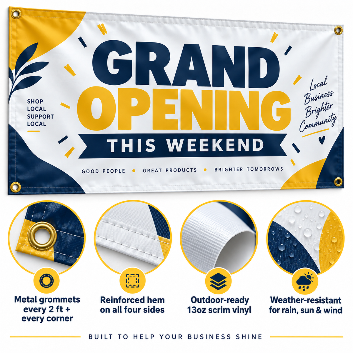 Grand Opening banner detail illustration with grommet, hem and material callouts.