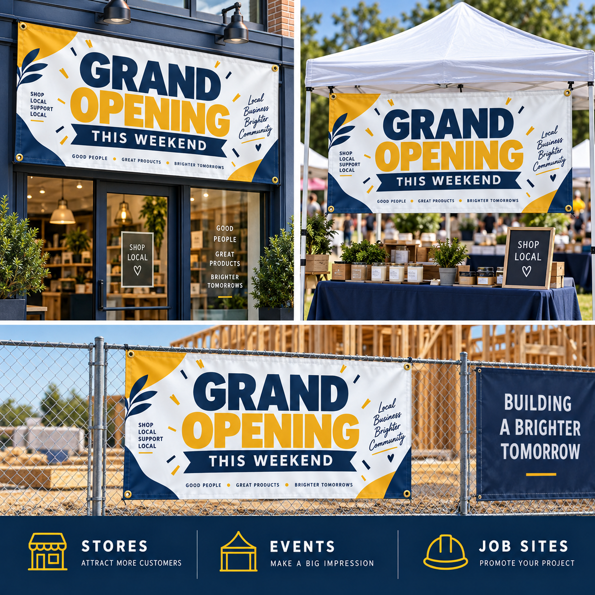 The Grand Opening design illustrated at a storefront, market tent and fence.