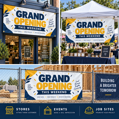 The Grand Opening design illustrated at a storefront, market tent and fence.
