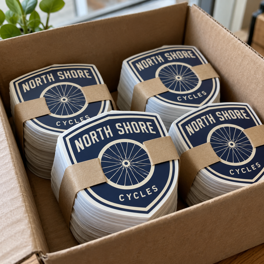 Banded bundles of North Shore Cycles shield stickers in an open cardboard box.
