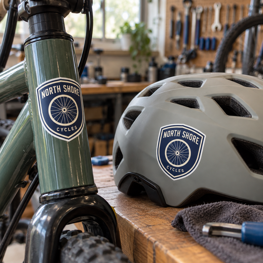 North Shore Cycles stickers on a bicycle frame and a helmet.