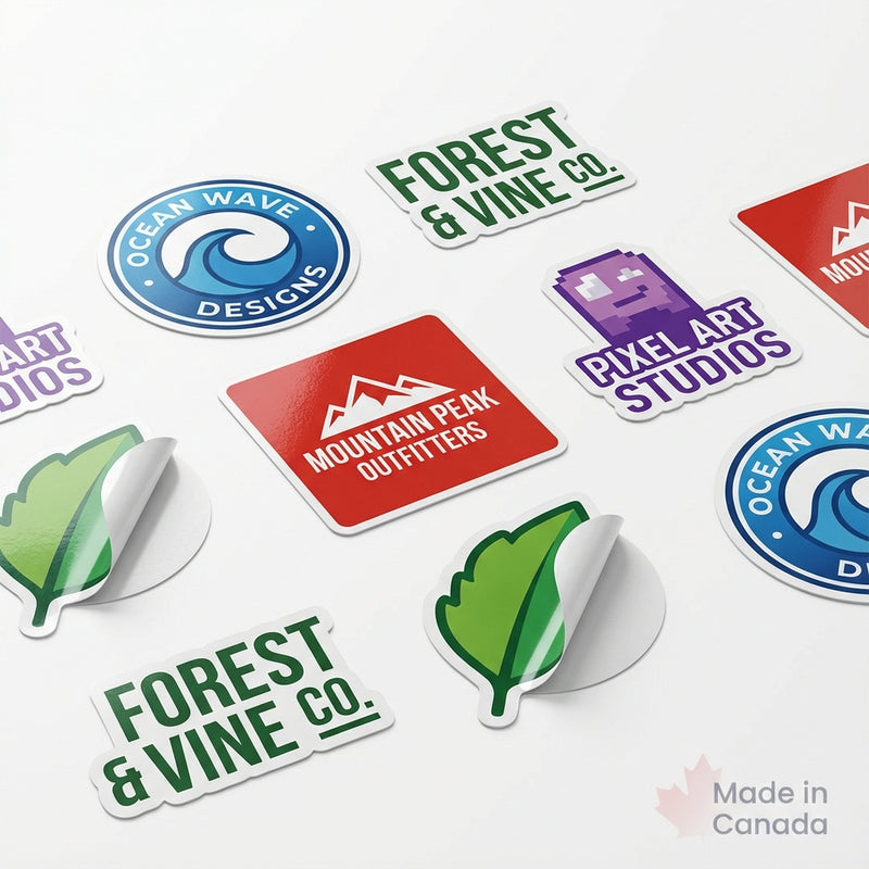 Custom die-cut waterproof vinyl sticker samples with peeled edge detail
