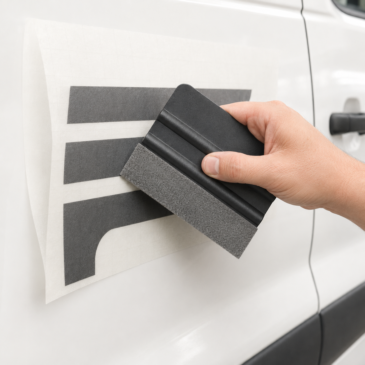 Dry application of cut-vinyl vehicle lettering with a felt-edge installation applicator