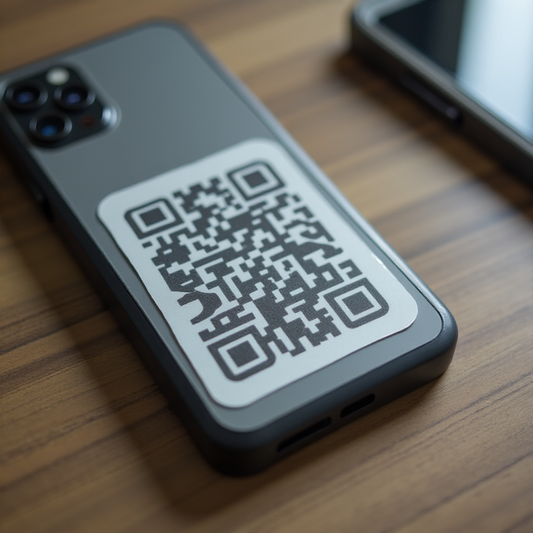 White QR code vinyl sticker on the back of a dark phone resting on a wooden desk - Business Card QR Stickers — 1.5" to 4" Sizes