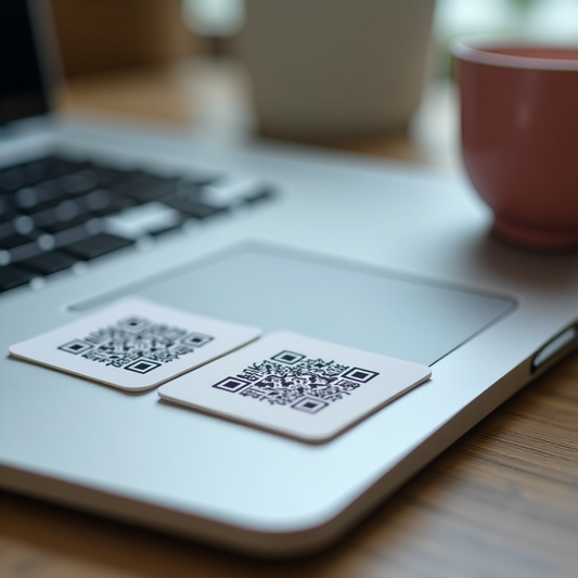Square QR code stickers on a laptop lid beside a coffee cup - Business Card QR Stickers — 1.5" to 4" Sizes