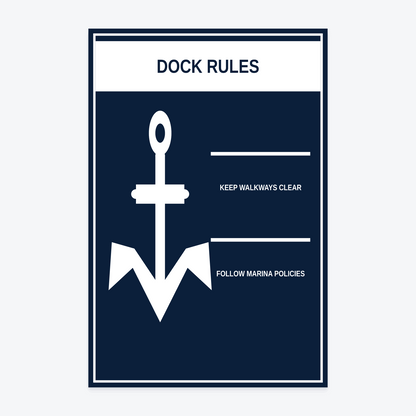 Dock Rules Marina Sign at 12×18 in — same production master, fitted not stretched