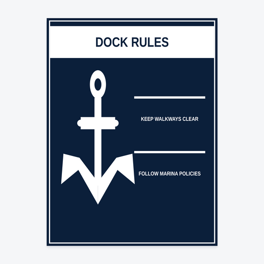 Dock Rules Marina Sign — DOCK RULES / KEEP WALKWAYS CLEAR / FOLLOW MARINA POLICIES wording rendered from the production template, shown at 18×24 in