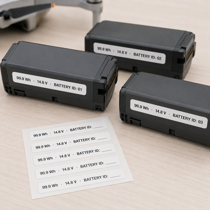 Drone battery ID and travel labels showing watt-hour and voltage markings reading 99.9 Wh 14.8 V Battery ID applied to three drone LiPo battery packs, with a sheet of blank matching labels