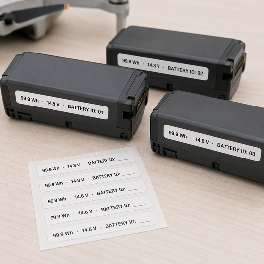 Drone battery ID and travel labels showing watt-hour and voltage markings reading 99.9 Wh 14.8 V Battery ID applied to three drone LiPo battery packs, with a sheet of blank matching labels
