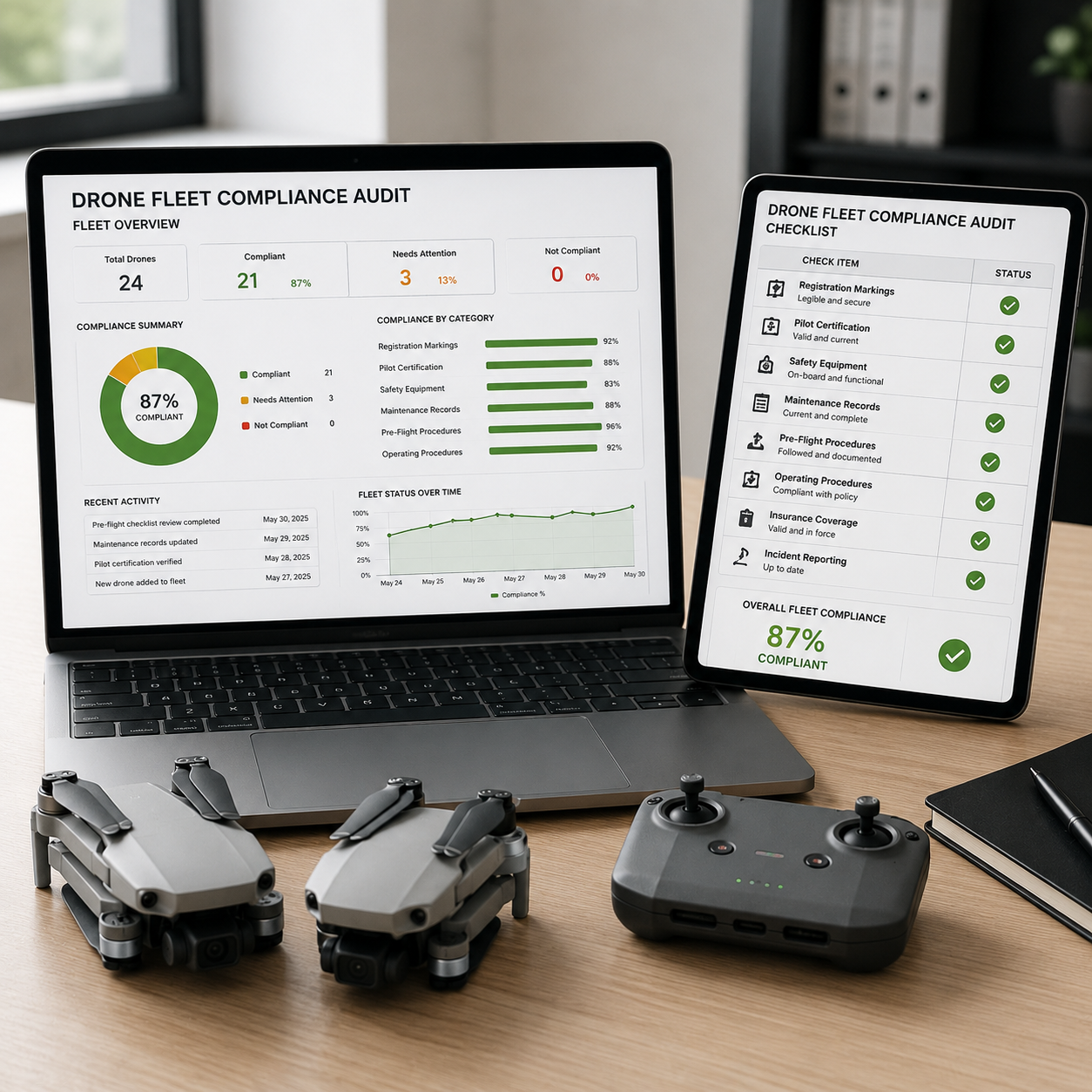 Drone fleet compliance audit digital report shown on a laptop and tablet with folded drones and a controller on a desk