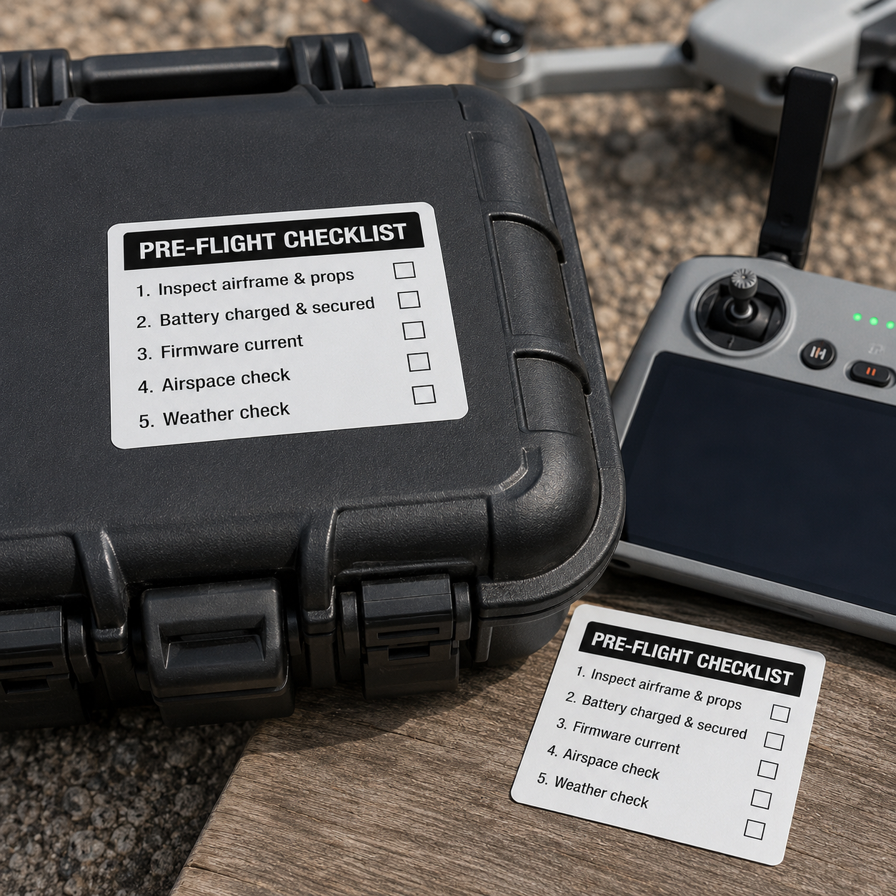 Drone pre-flight checklist decal listing inspect airframe, battery, firmware, airspace and weather checks, mounted on a drone hard case lid with a matching pocket-card version, controller and drone alongside