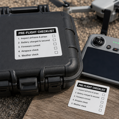 Drone pre-flight checklist decal listing inspect airframe, battery, firmware, airspace and weather checks, mounted on a drone hard case lid with a matching pocket-card version, controller and drone alongside