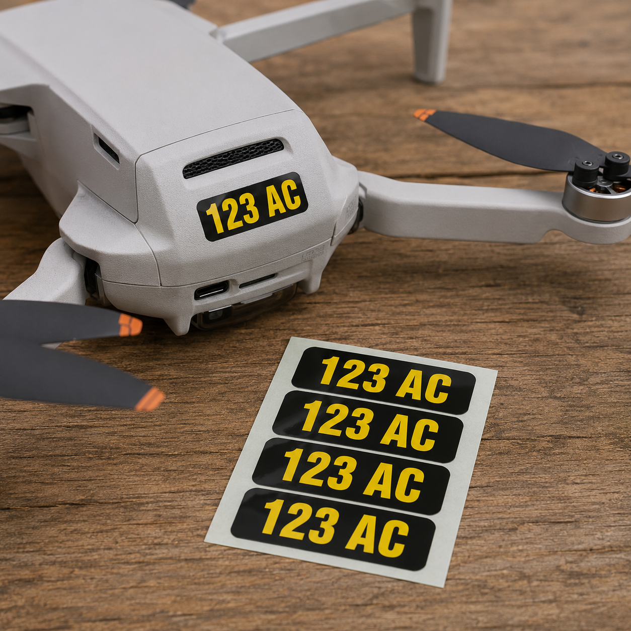 Drone registration number decals in yellow on black vinyl reading 123 AC, one applied to a grey multirotor drone with a sheet of matching peel-and-stick decals on a wood surface