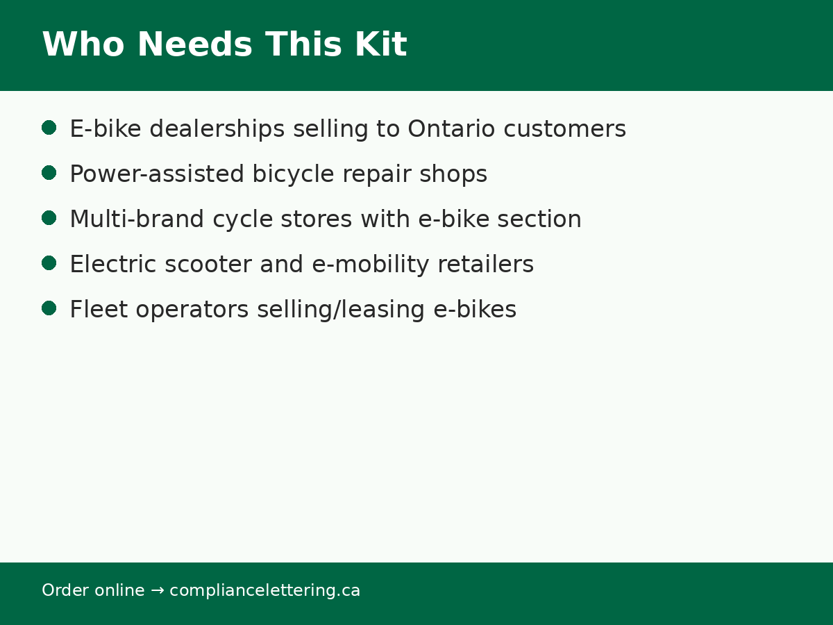 Ontario e-bike dealer compliance kit use cases