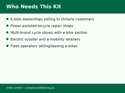 Ontario e-bike dealer compliance kit use cases