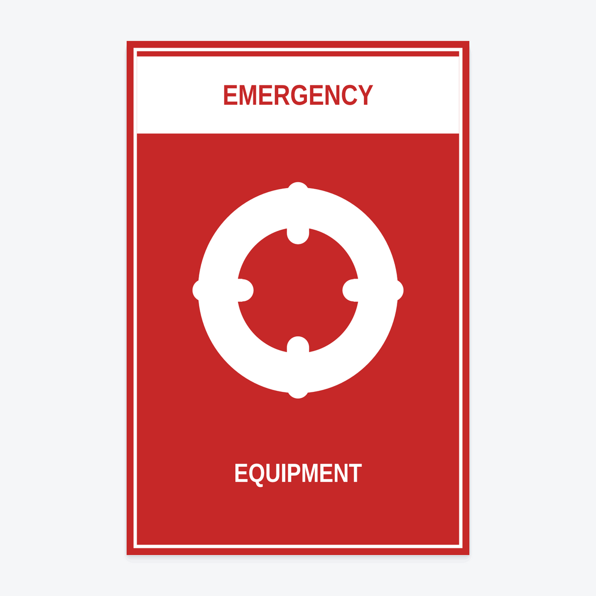 Emergency Equipment Marina Sign — EMERGENCY / EQUIPMENT wording rendered from the production template, shown at 12×18 in