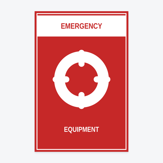 Emergency Equipment Marina Sign — EMERGENCY / EQUIPMENT wording rendered from the production template, shown at 12×18 in