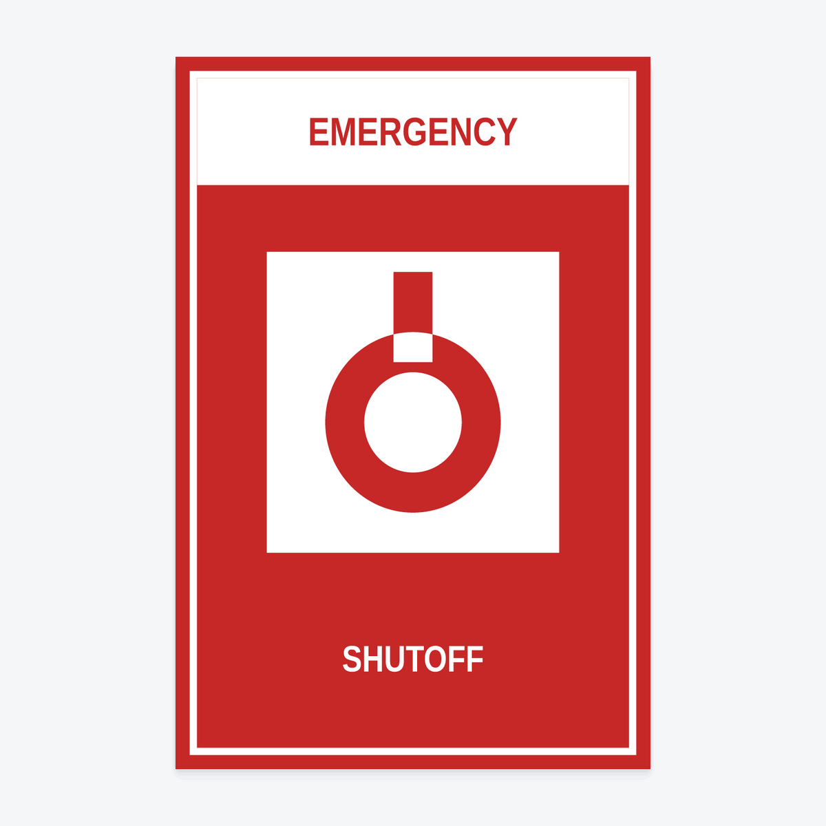 Emergency Shutoff Marina Sign — EMERGENCY / SHUTOFF wording rendered from the production template, shown at 8×12 in