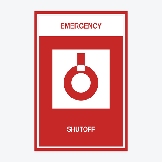 Emergency Shutoff Marina Sign — EMERGENCY / SHUTOFF wording rendered from the production template, shown at 8×12 in