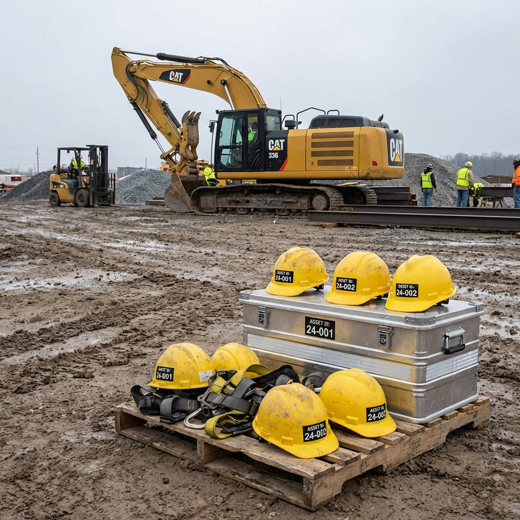 Outdoor equipment ID number decals in a jobsite setting