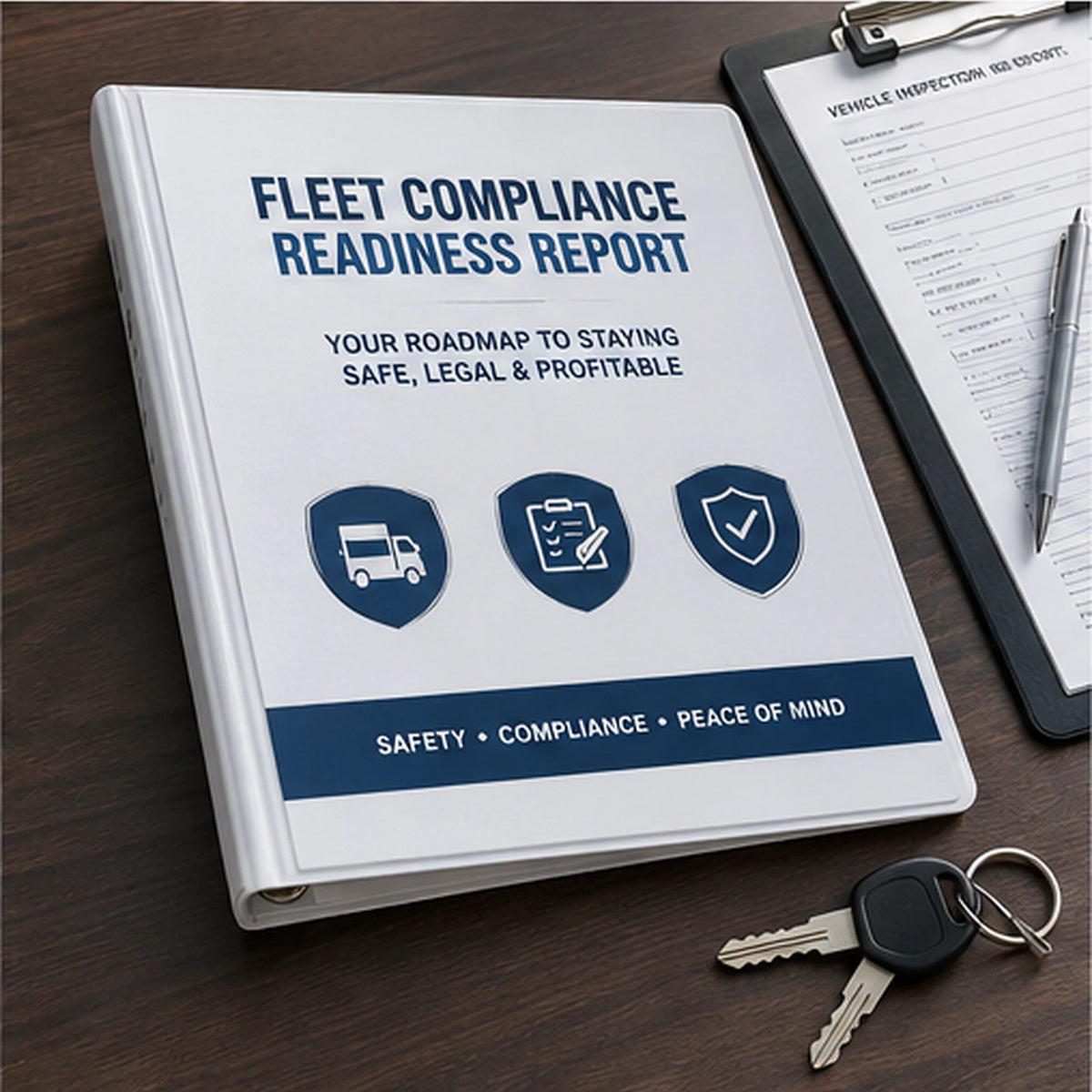 Printed fleet compliance readiness report binder beside an inspection clipboard and truck keys on an office desk.