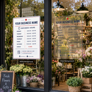 Florist shopfront window with a printed business hours decal