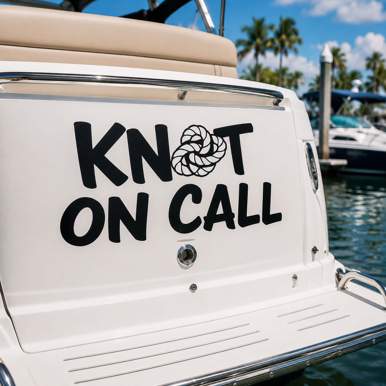 Knot on Call boat name lettering at a marina