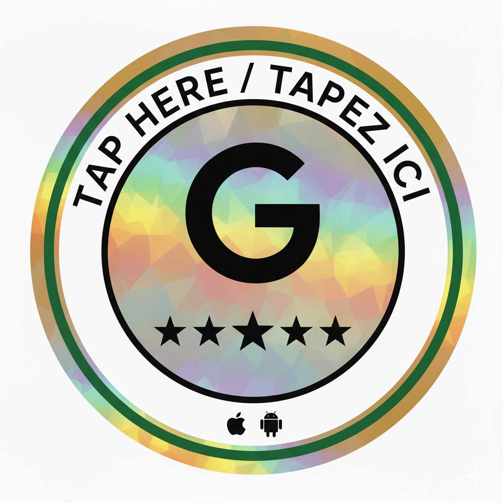 Go-Tap Pro bilingual NFC review disc reading TAP HERE / TAPEZ ICI with five stars and iPhone and Android compatibility icons