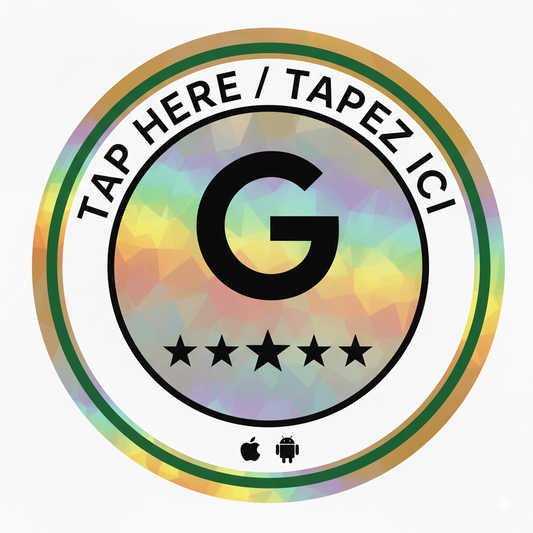 Go-Tap Pro bilingual NFC review disc reading TAP HERE / TAPEZ ICI with five stars and iPhone and Android compatibility icons