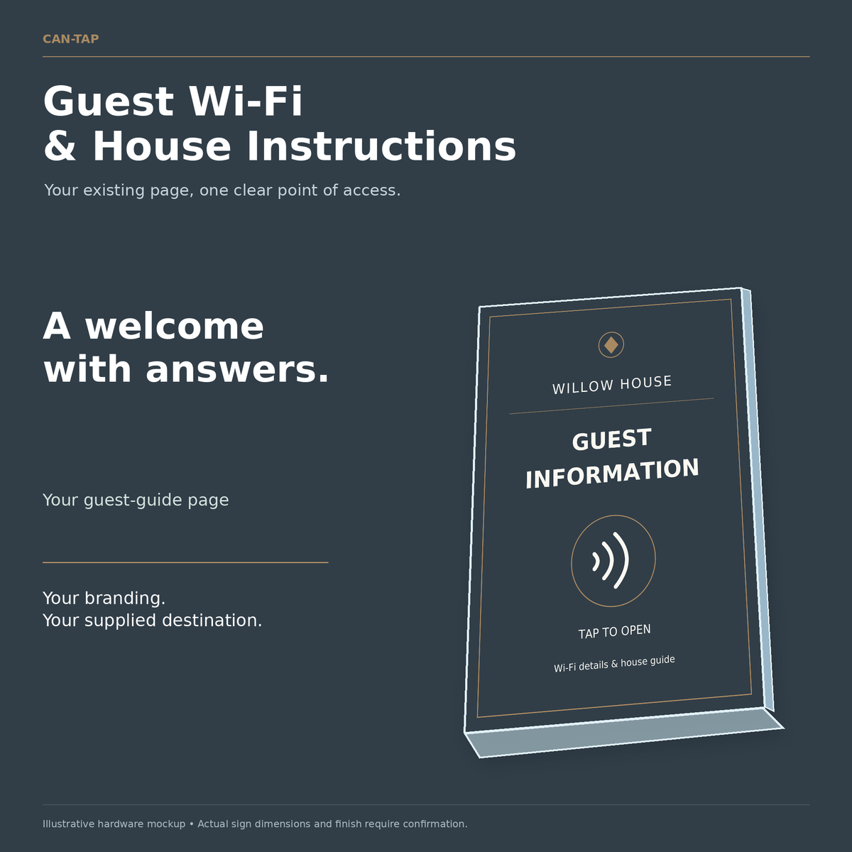 Illustrated CAN-TAP sign with WILLOW HOUSE sample branding and guest information wording.