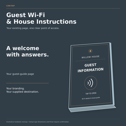 Illustrated CAN-TAP sign with WILLOW HOUSE sample branding and guest information wording.