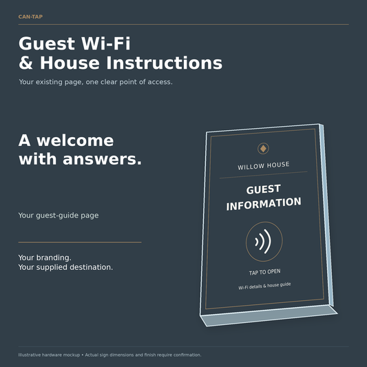 Illustrated CAN-TAP sign with WILLOW HOUSE sample branding and guest information wording.