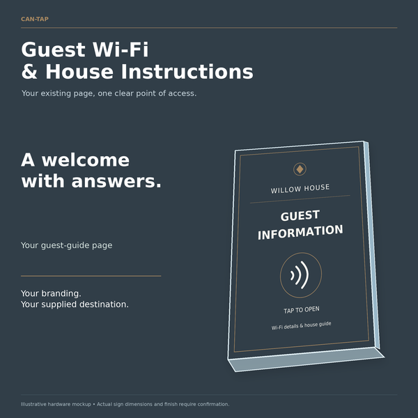 Illustrated CAN-TAP sign with WILLOW HOUSE sample branding and guest information wording.