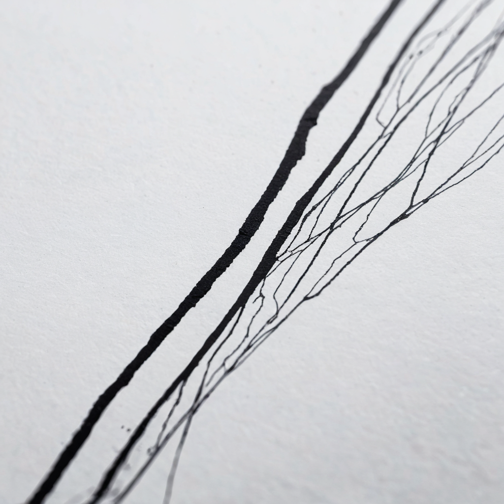 Close-up of crisp black ink line detail on matte poster paper