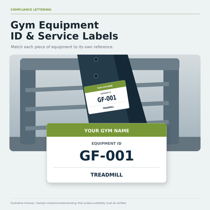 Illustrated gym equipment id & service labels with a close view of the sample equipment id artwork.