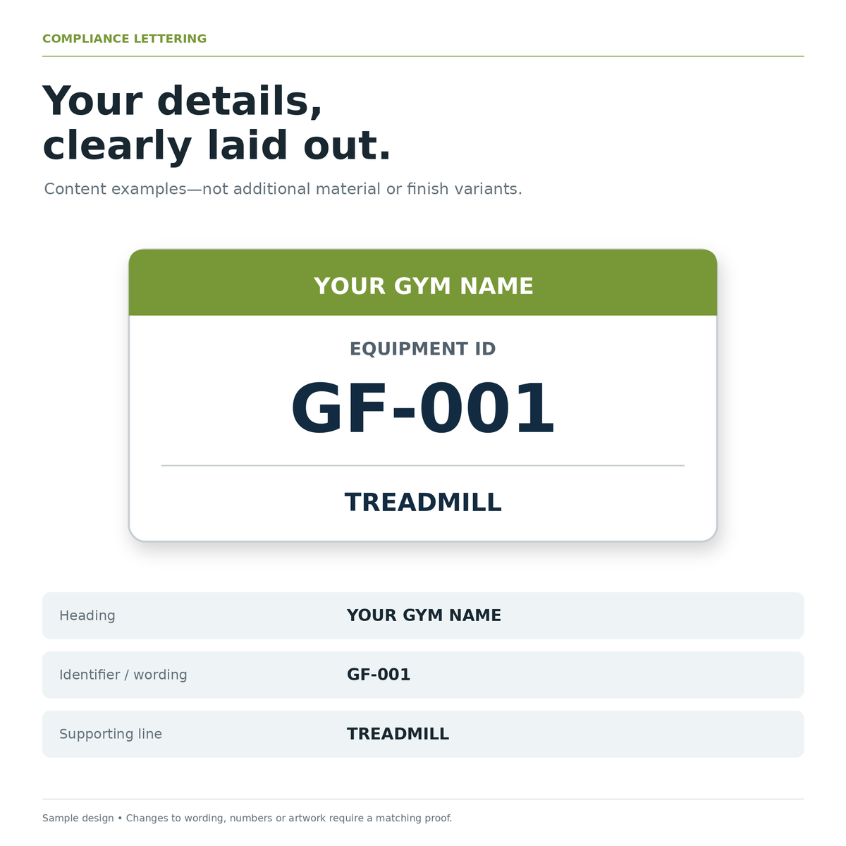 Sample label showing the customizable heading, equipment id and supporting line.