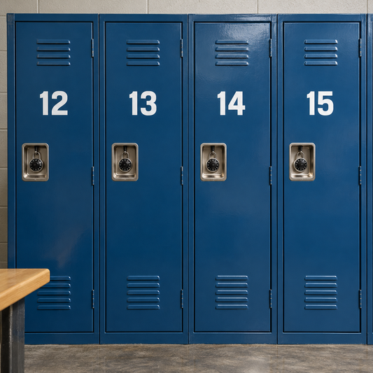 White vinyl numbers 12, 13, 14 and 15 on blue metal gym lockers.
