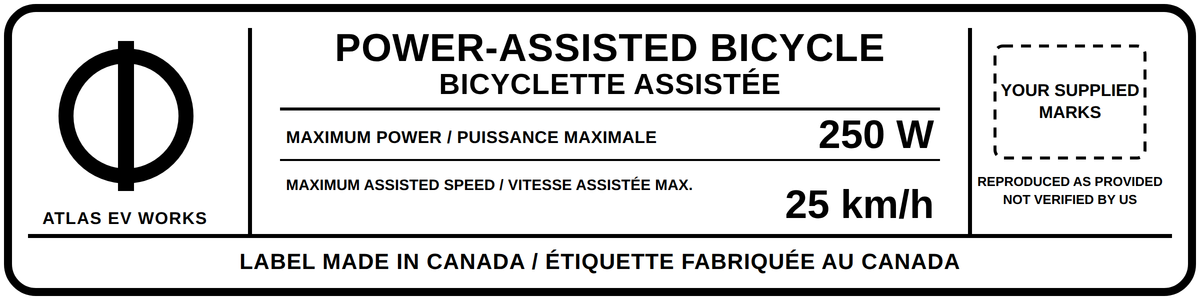 Branded e-bike PAB label example with a customer logo, 250 W and 25 km/h bilingual lines