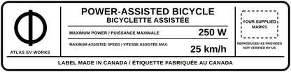 Branded e-bike PAB label example with a customer logo, 250 W and 25 km/h bilingual lines