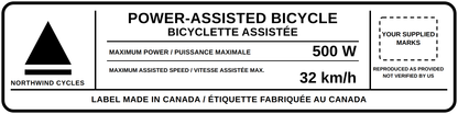 Branded e-bike PAB label example with a customer logo, 500 W and 32 km/h bilingual lines