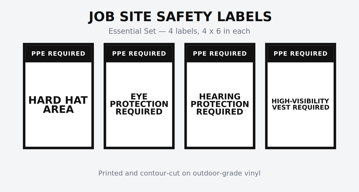 Job site safety label set on outdoor-grade vinyl showing hard hat area, eye protection, hearing protection and high-visibility vest labels at 4 x 6 inches each